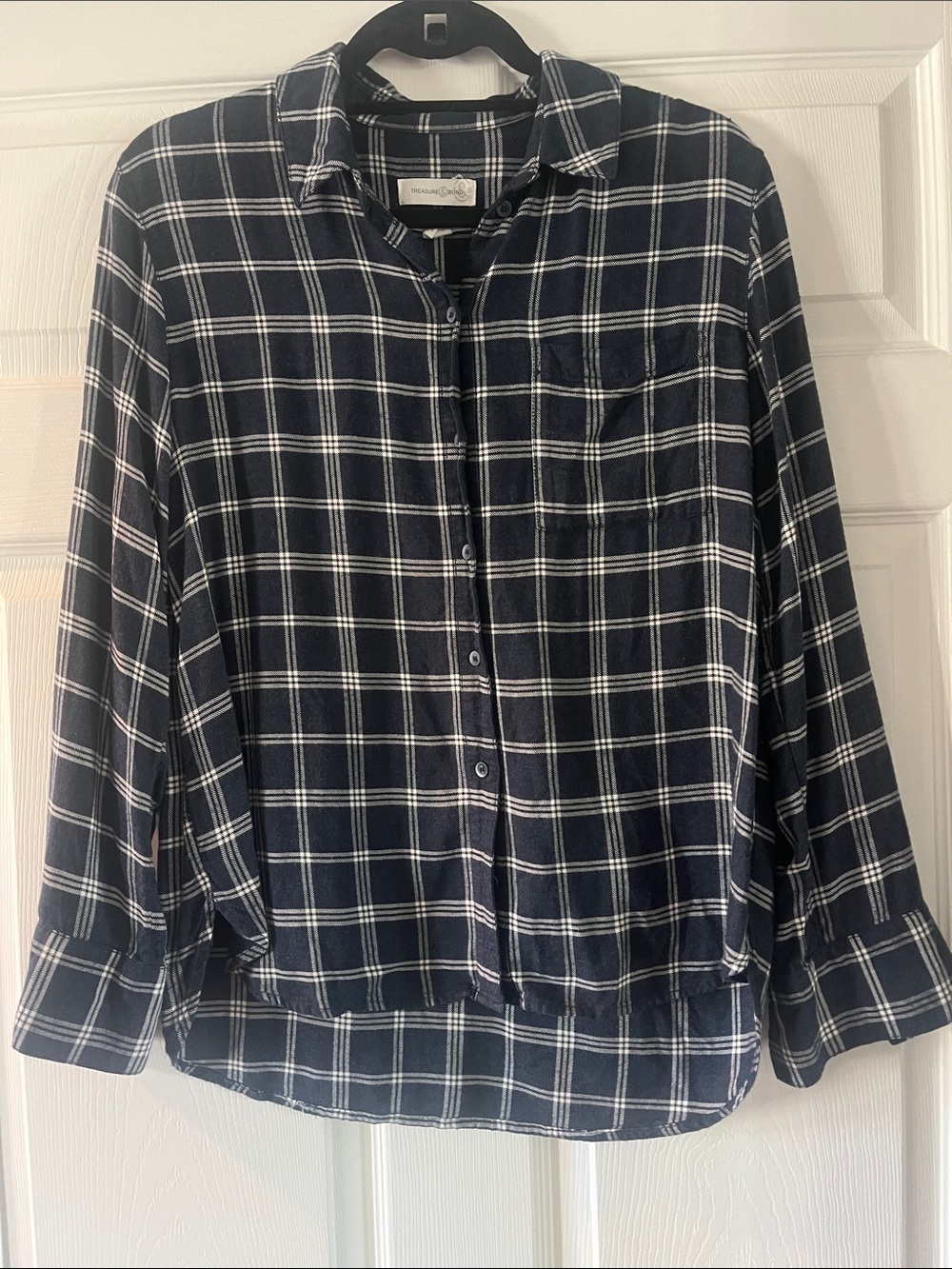 Treasure & Bond Navy and White Plaid Button-Down Shirt